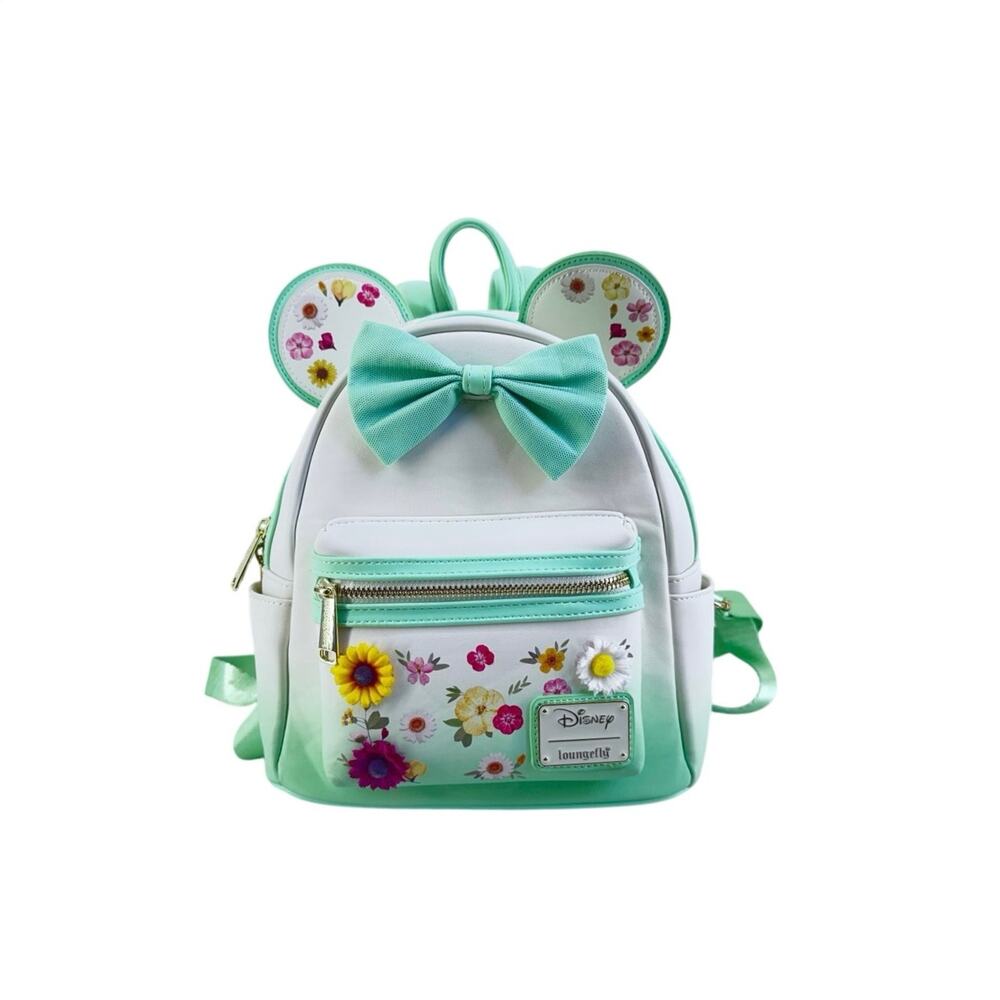 Disney Loungefly Minnie Mouse Floral Ears Bow Mini Backpack Mint Green White Bag